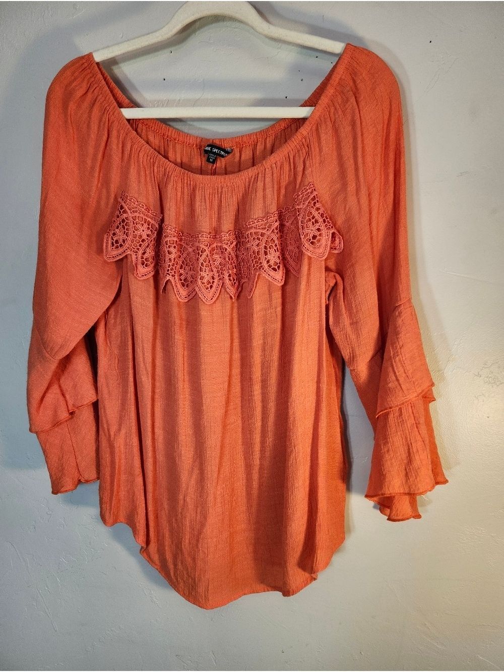 Unique Spectrum Coral Off-Shoulder Crochet Peasant Blouse